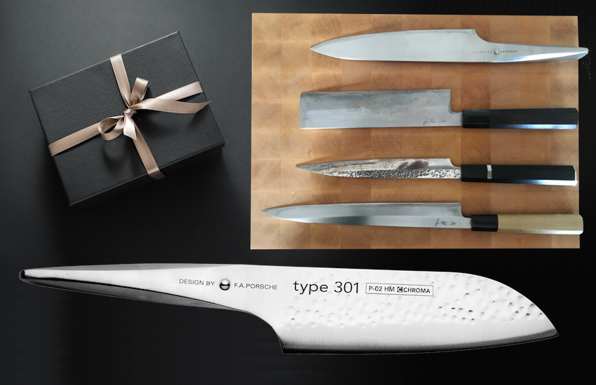 Un pacchetto comprendente un corso sui coltelli, un coltello da cucina professionale, un coupon e una consulenza online.