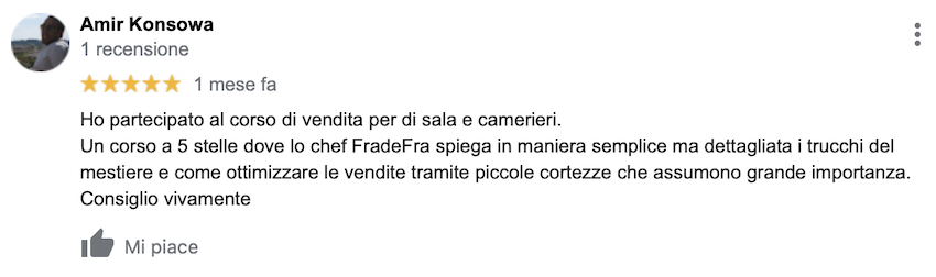 La recensione di Amir, che ha partecipato ad un mio corso di restaurant management.