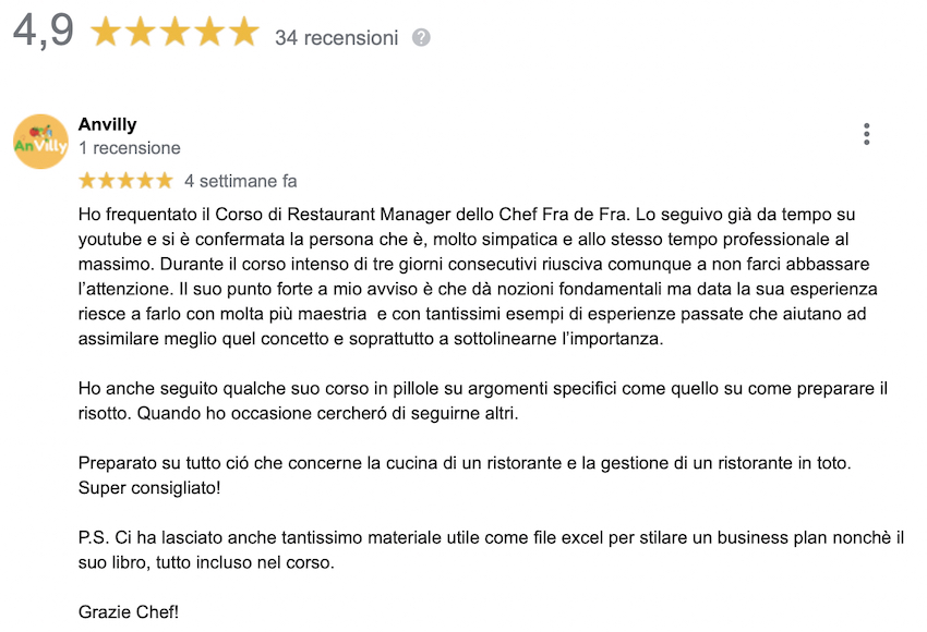 La recensione di Anvilly, che ha frequentato un corso di restaurant management.