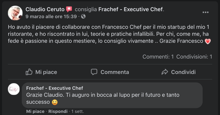 La recensione Claudio per l'avviamento del suo ristorante.