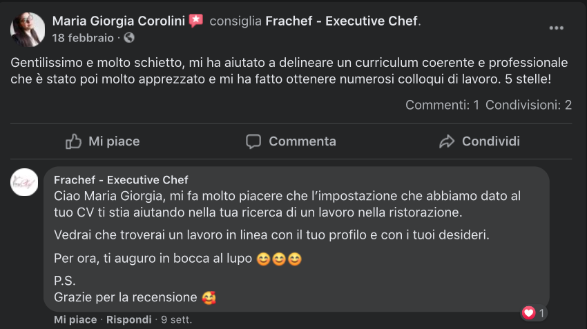 Una recensione da parte di una persona che ha fatto il suo curriculum per la ristorazione con me.