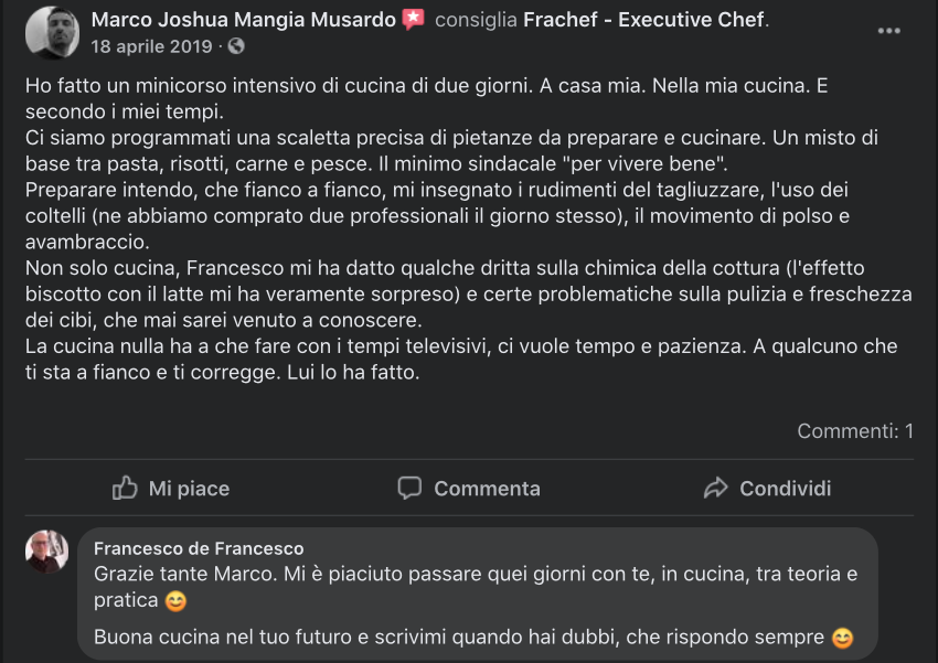 La recensione di un allievo dei corsi di cucina amatoriale.