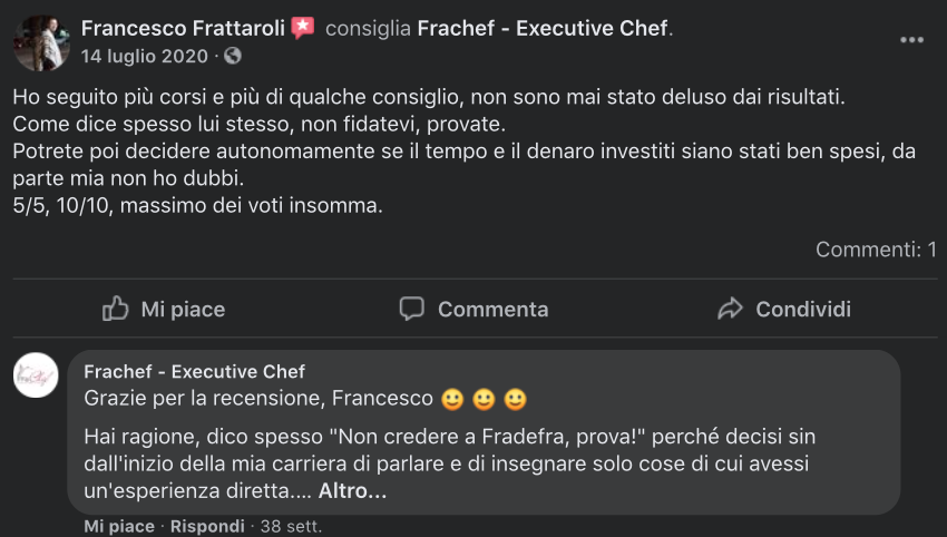 La recensione dell'allievo Francesco Frattaroli dopo aver seguito il corso per executive chef.