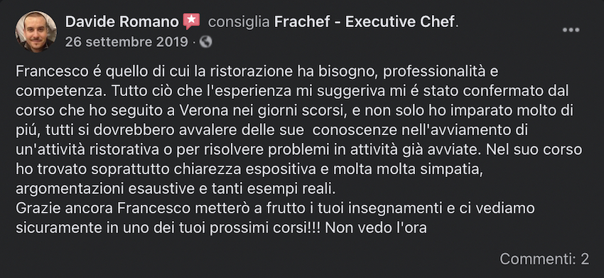 Ciò che scrive Davide, che ha frequentato un corso di marketing per la ristorazione.