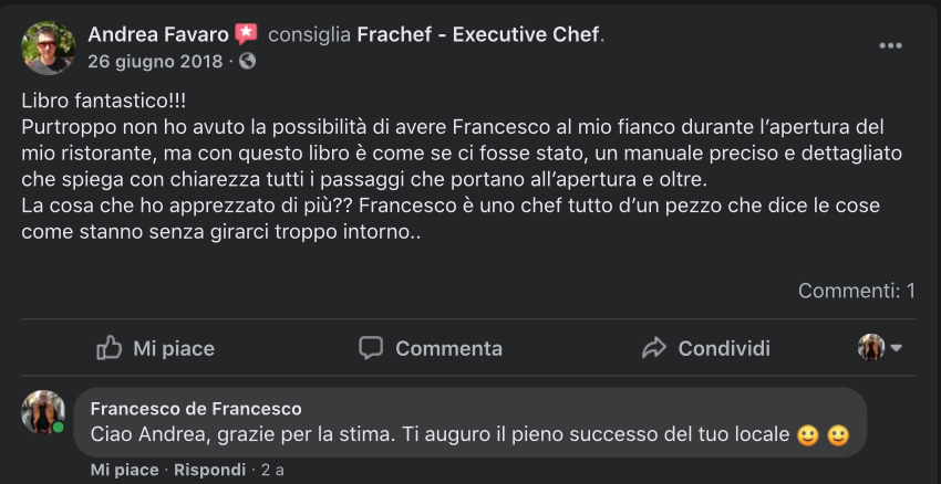 La recensione di uno dei lettori del libro 'Aprire un nuovo ristorante'.