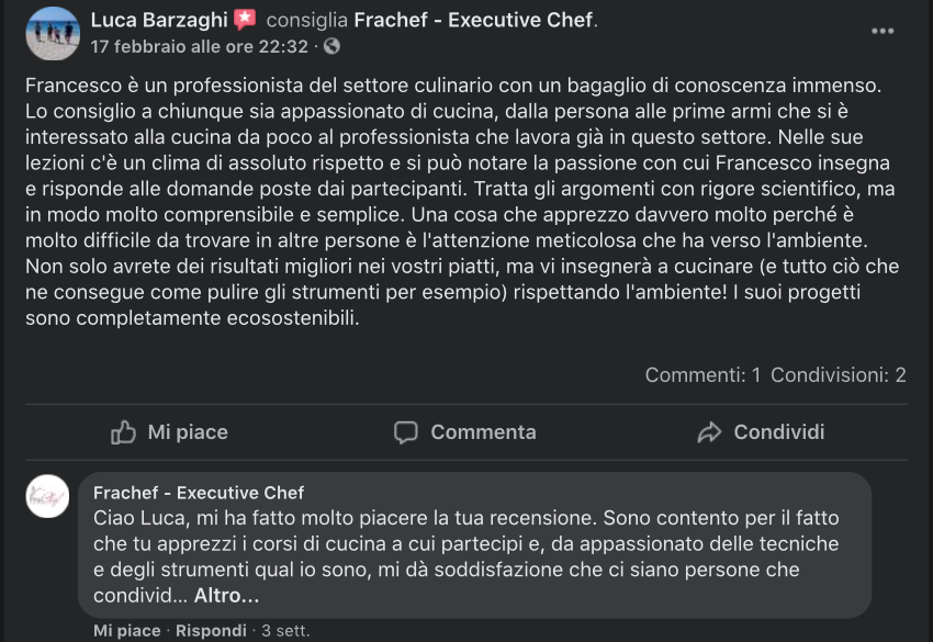 La recensione di Luca sui miei corsi di cucina.