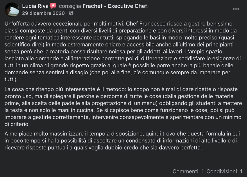 La recensione sui corsi di cucina online, scritta da Lucia.