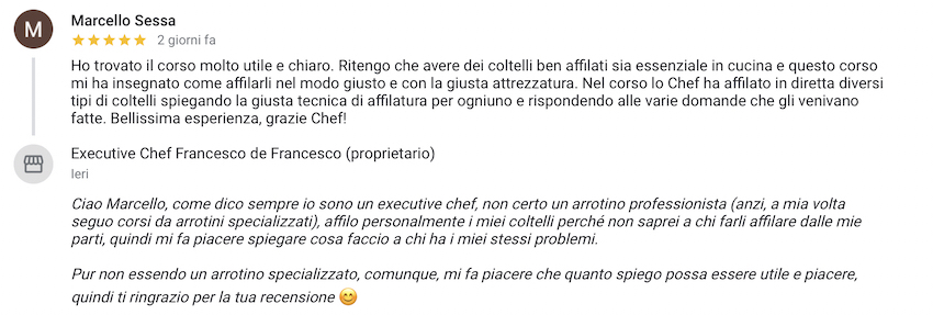 La recensione di Marcello, parte proprio sui coltelli ed il corso seguito.