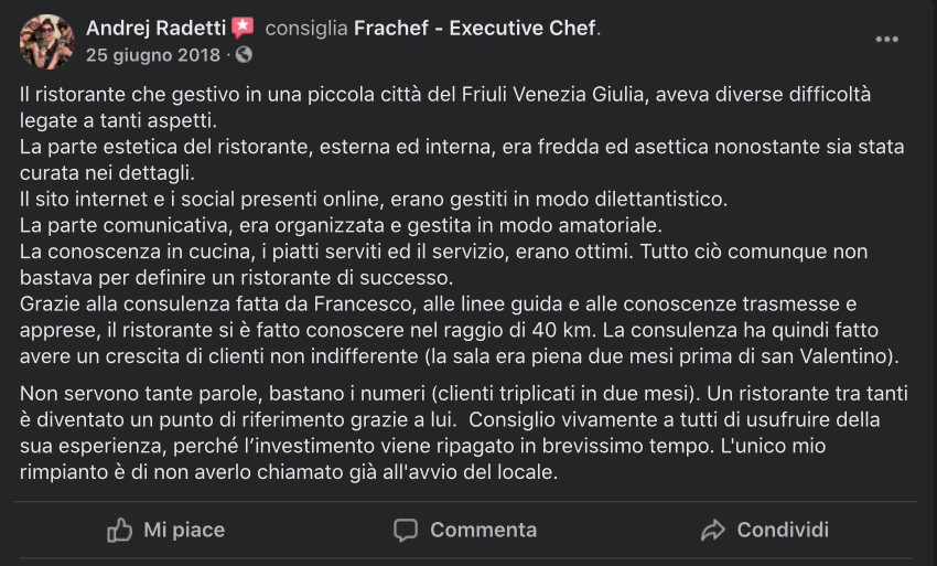 La recensione del titolare di un ristorante in cui sono intervenuto per una nuova organizzazione per migliorarne l'afflusso dei clienti.