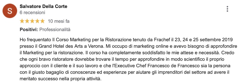 Ecco cosa scrive Salvatore, dopo aver frequentato il mio corso di marketing per la ristorazione.