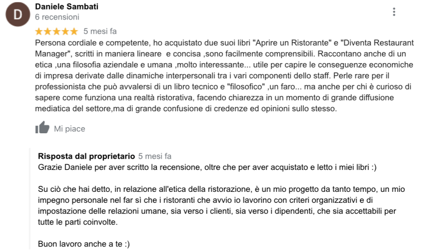 La recensione di uno dei lettori del libro 'Diventa Restaurant Manager'.