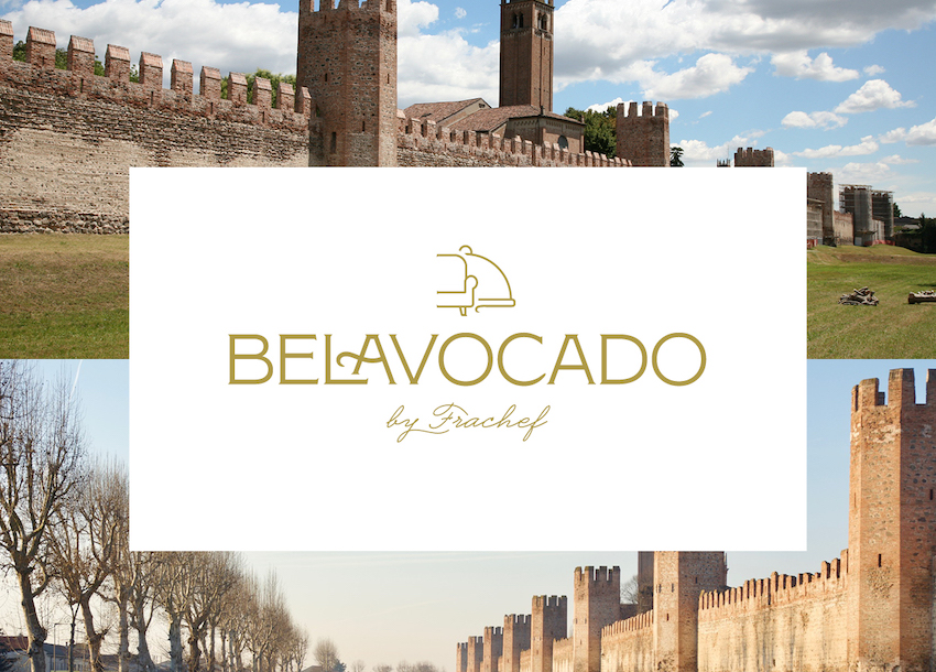 Il marchio del ristorante Belavocado sovrimpresso sulle stupende mura di Montagnana.